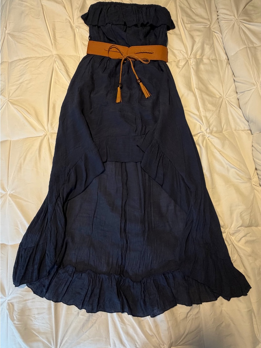 Hollister Strapless Navy High-Low Ruffle Dress with Tan Belt Accent